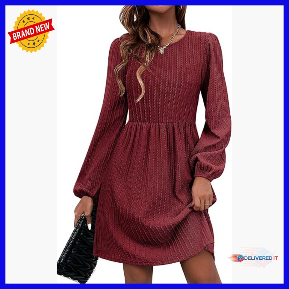 Knee-Length A-Line Sweater Dress With Pockets, Long Sleeve Crew Neck